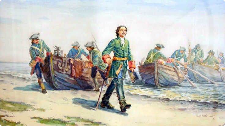 Пётр I впервые спускается на мыс Таган-Рог